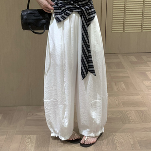 白色束脚花苞裤休闲裤女2026夏新款百搭宽松显瘦裤子松紧腰灯笼裤