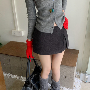灰色毛呢裙裤 开叉半身裙女2025秋冬新百搭显瘦a字裙低腰包臀短裙