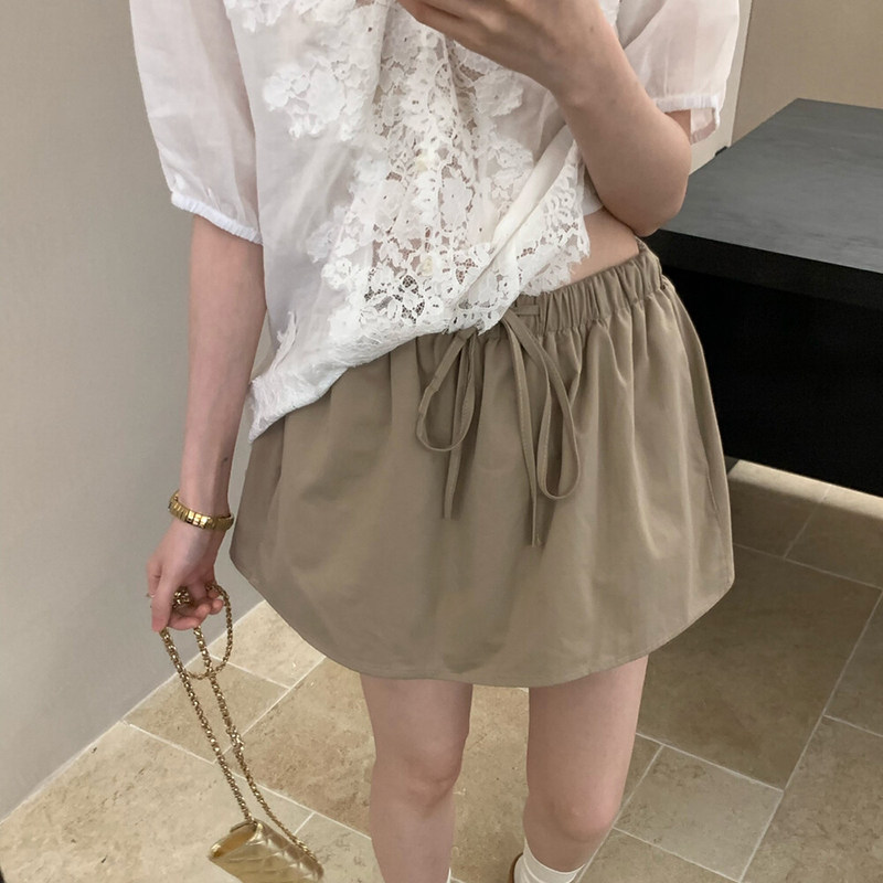卡其色松紧腰裙裤半身裙女夏韩版百搭简约花苞裙休闲系带短裙子