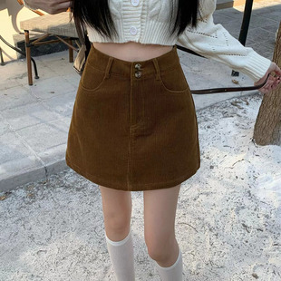 灯芯绒高腰短裙女2025秋冬新款韩版百搭显瘦a字裙两粒扣半身裙子