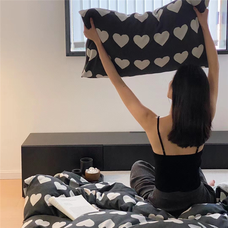 新款黑白爱心针织棉提花加厚纯棉四件套床上用品全棉床单被罩床笠