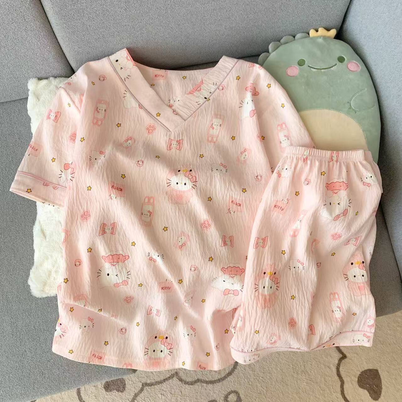 夏季云朵棉V领短袖家居服套装女