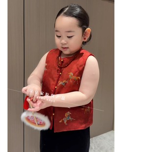 亲子装母女装真丝+人丝新中式国风马甲旗袍女红色提花背心新年款