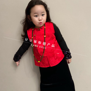 复古气质新年红色新中式国风马甲套装女童秋丝绒半身裙亮片打底衫