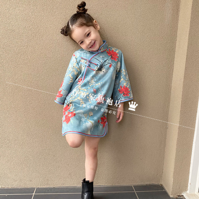 豆豆家春秋新款唐装长袖连衣裙