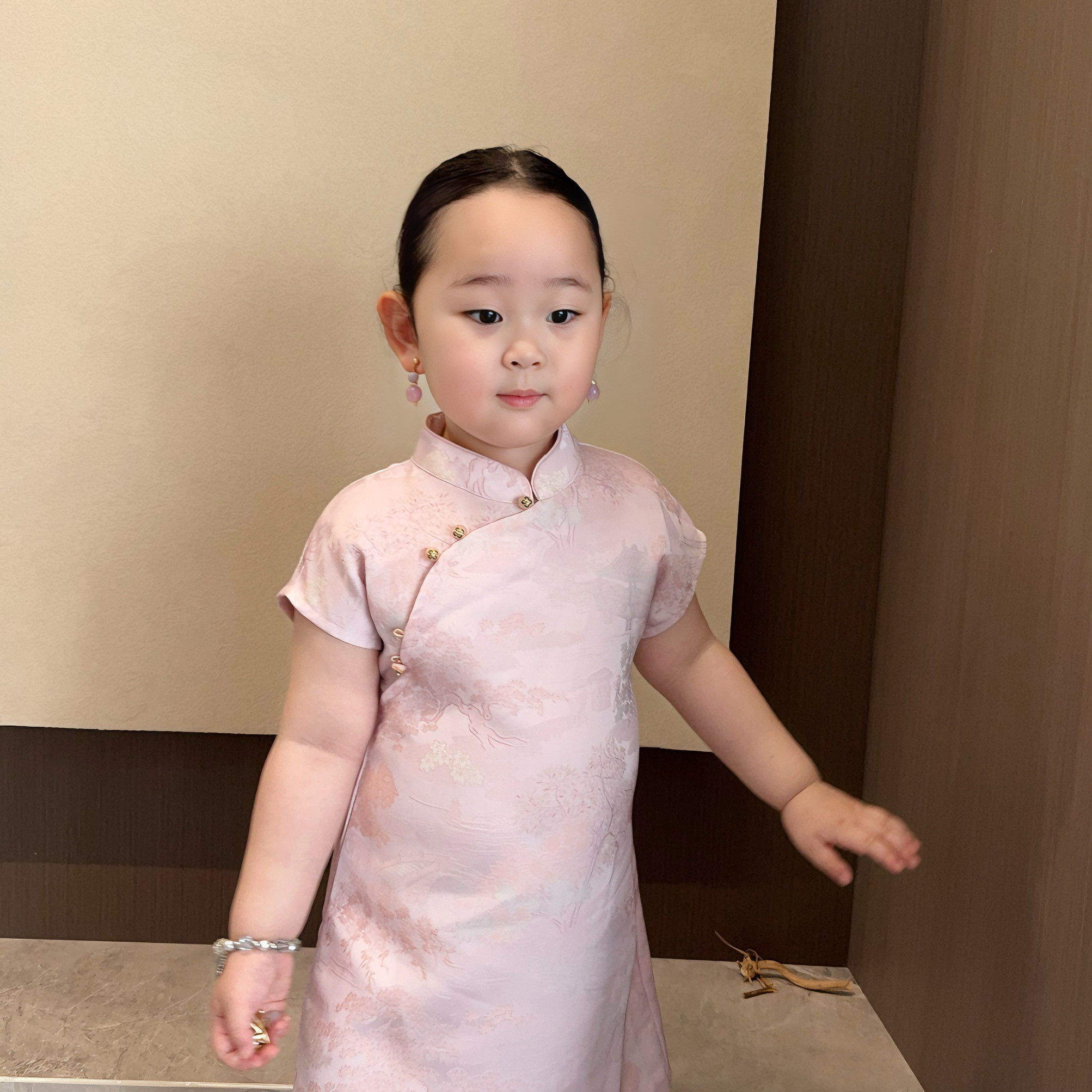 女童粉紫旗袍裙夏款短袖薄款提花公主裙2026新款宝宝旗袍礼服