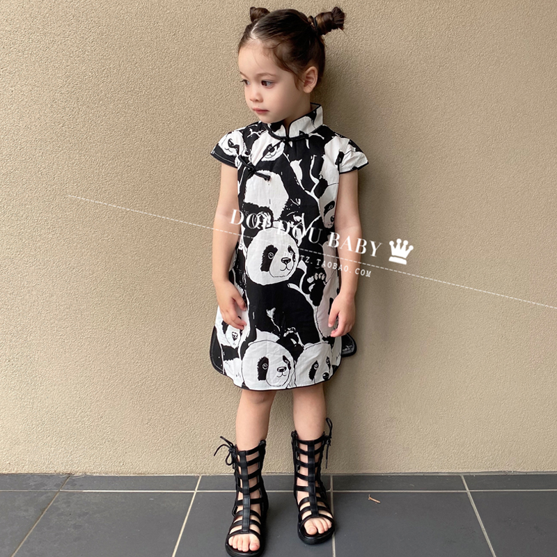 女童纯棉旗袍2021夏季裙子熊猫