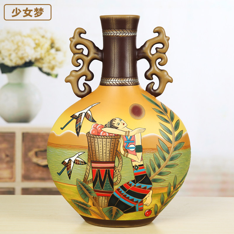 创意新中式手绘彩陶大花瓶客厅酒柜家居摆设乔迁新居装饰摆件玄关