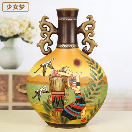 创意新中式手绘彩陶大花瓶客厅酒柜家居摆设乔迁新居装饰摆件玄关