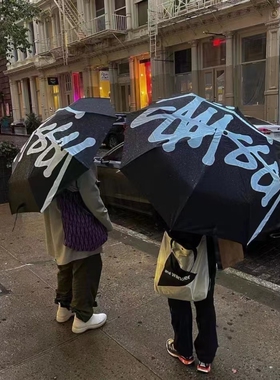 欧美潮牌斯图西女款自动开收黑胶防晒晴雨伞太阳伞遮阳伞