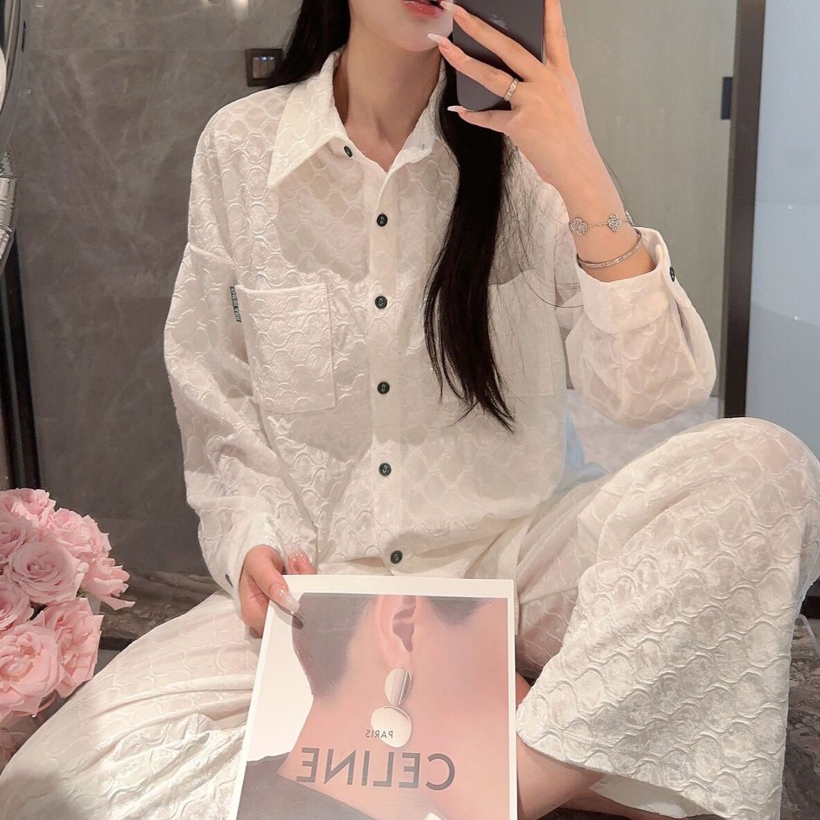 金钻绒睡衣女秋冬季网红风高定压花金丝绒长袖休闲外穿家居服套装