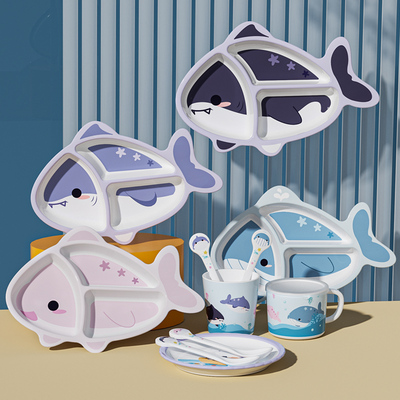 希尔海豚卡通餐盘卡通碗儿童餐具分格餐具学吃饭宝宝餐盘可爱碗勺