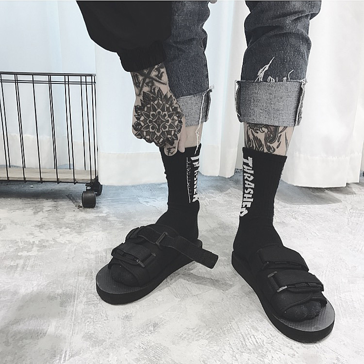 拖鞋男夏季外穿时尚一字拖韩版ulzzang个性绑带魔术贴情侣凉拖鞋