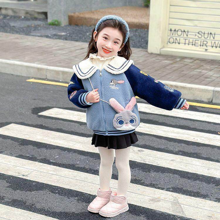 女童加绒外套冬装2024新款羊羔毛棒球服宝宝加厚毛毛衣秋冬款童装