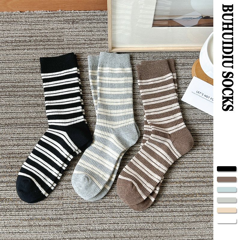 不会丢的袜子 春秋条纹中筒袜女韩国棉袜配勃肯鞋新款灰色堆堆袜