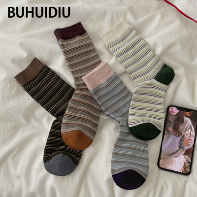 条纹袜撞色中筒袜女款纯棉春秋季