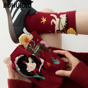 不会丢的袜子 马年红袜子女秋冬纯棉植绒卡通新年本命年红色长袜