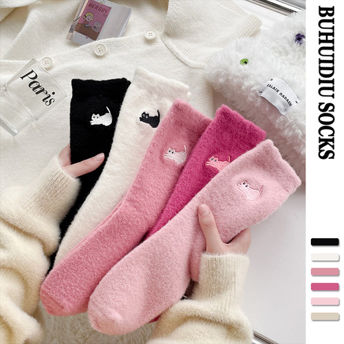 女可爱卡通猫咪毛绒中筒袜厚保暖