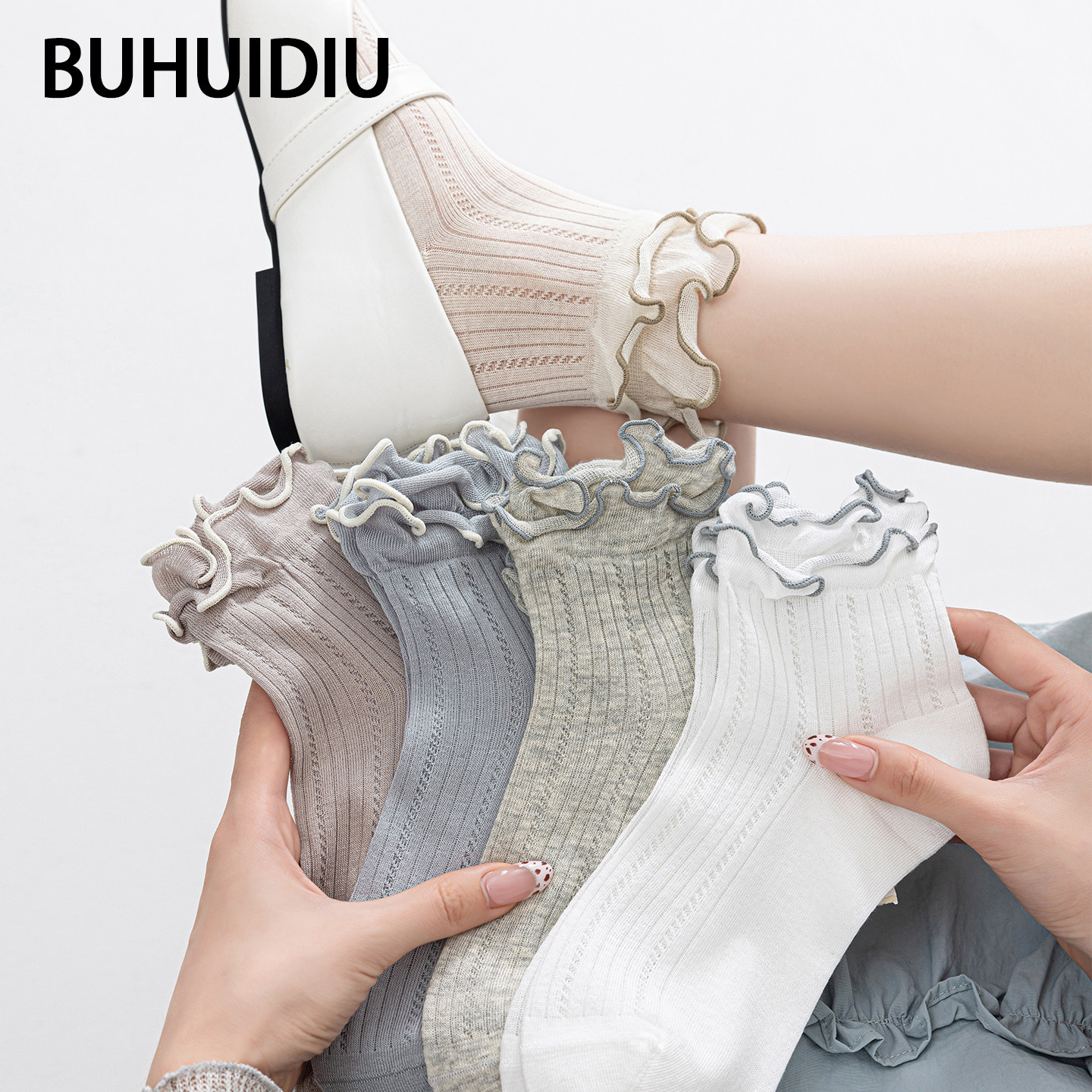 不会丢的袜子 木耳花边网眼中筒袜女款透气芭蕾风短筒棉袜夏薄款