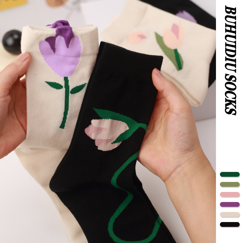 不会丢的袜子 立体花朵中筒袜女森系可爱百搭网红外穿小花瓣长袜