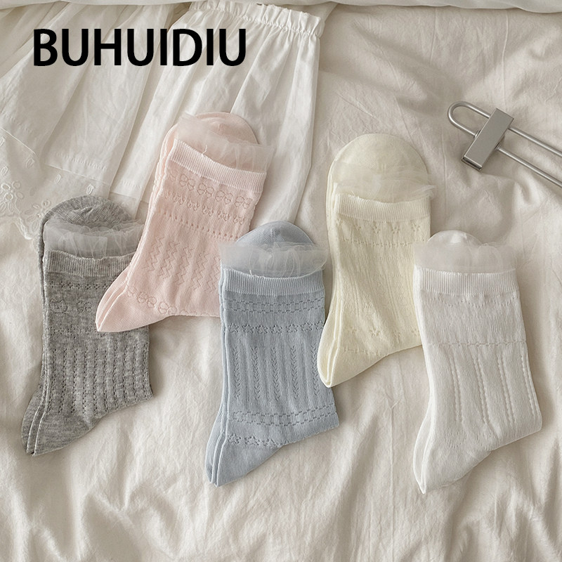 不会丢的袜子 miu系蕾丝中筒袜女夏薄款纯棉花边芭蕾风凉感堆堆袜