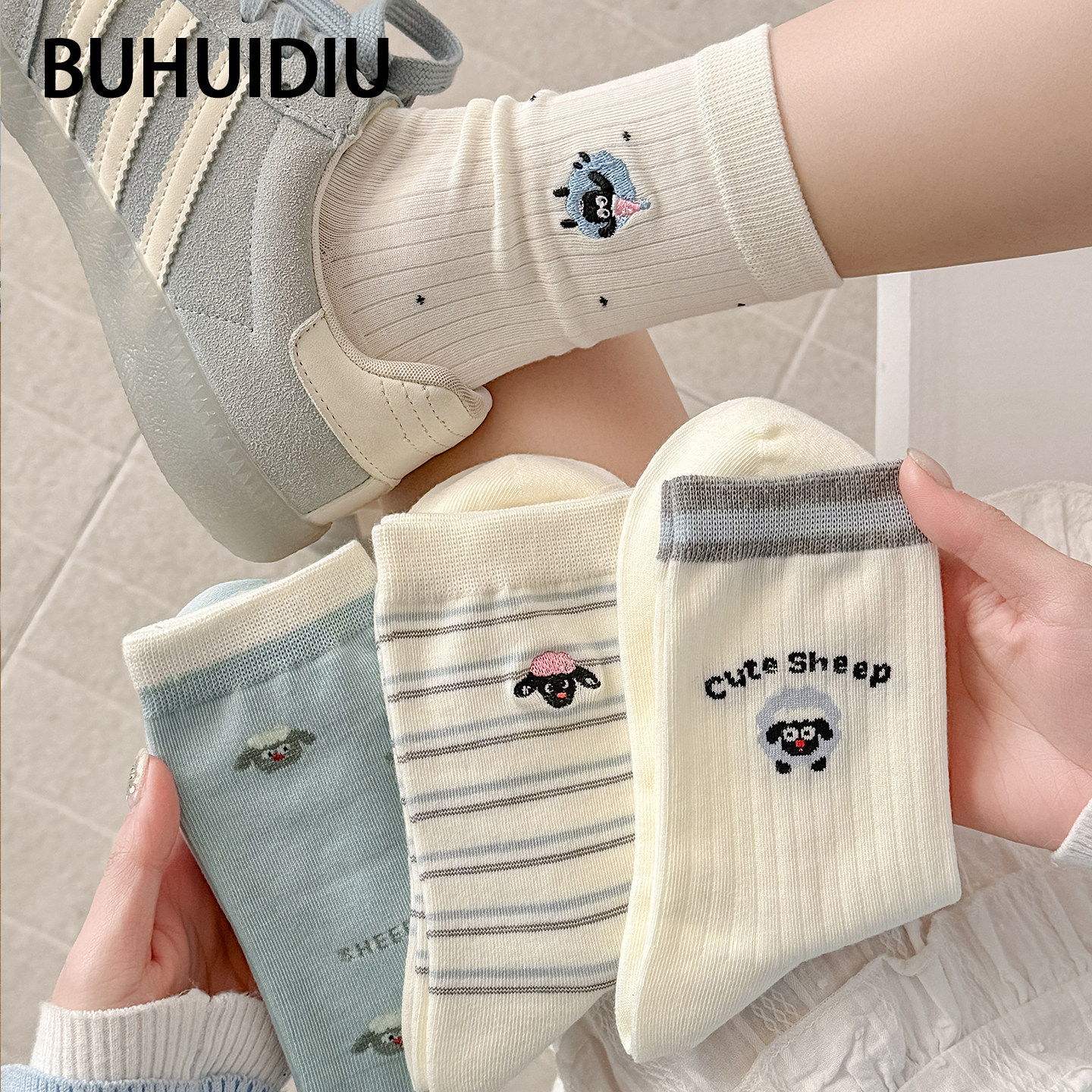 不会丢的袜子 软萌小羊中筒袜女春夏纯棉ins潮韩系卡通长袜夏薄款