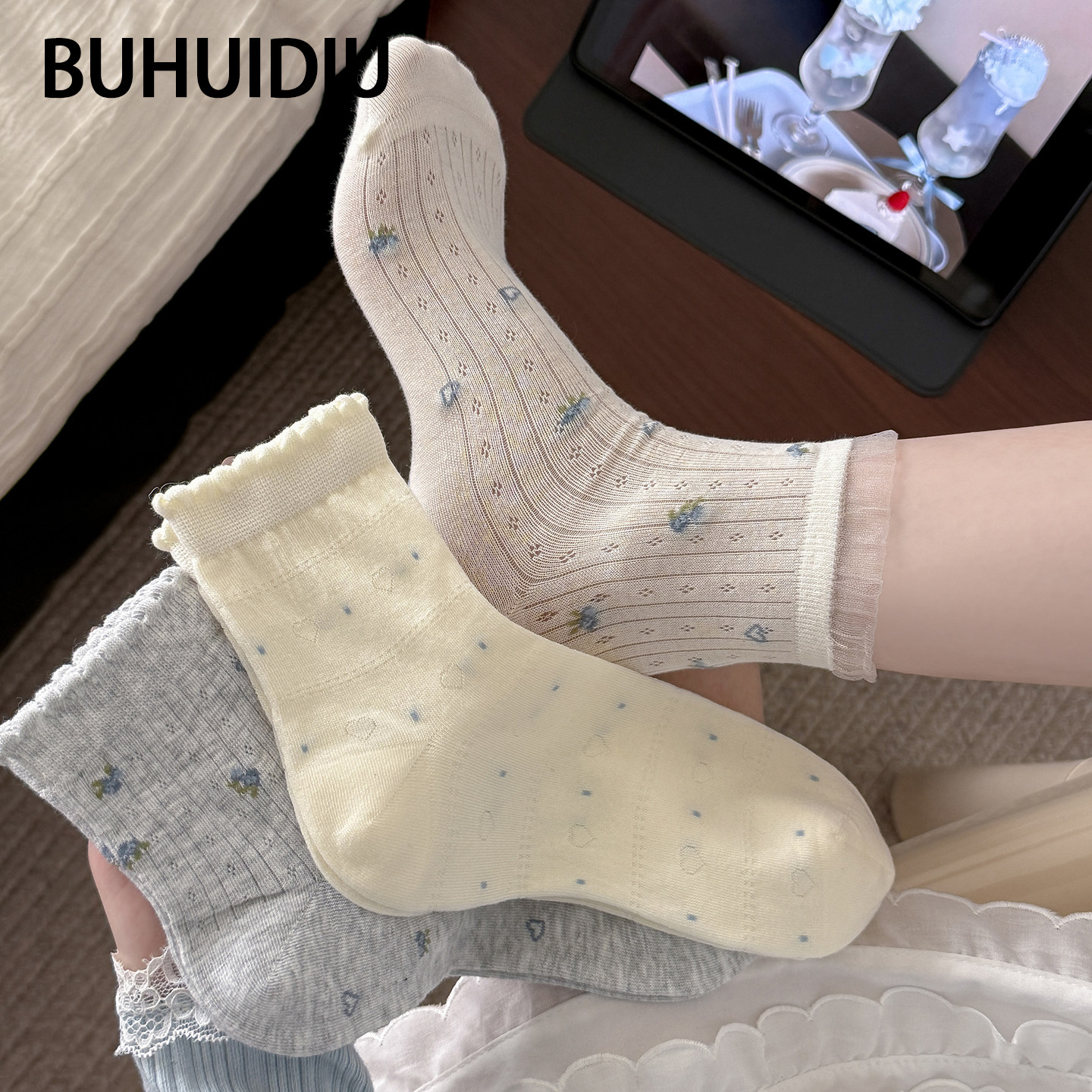 不会丢的袜子 蕾丝花边中筒袜夏薄款女ins潮纯棉小碎花短筒袜夏款