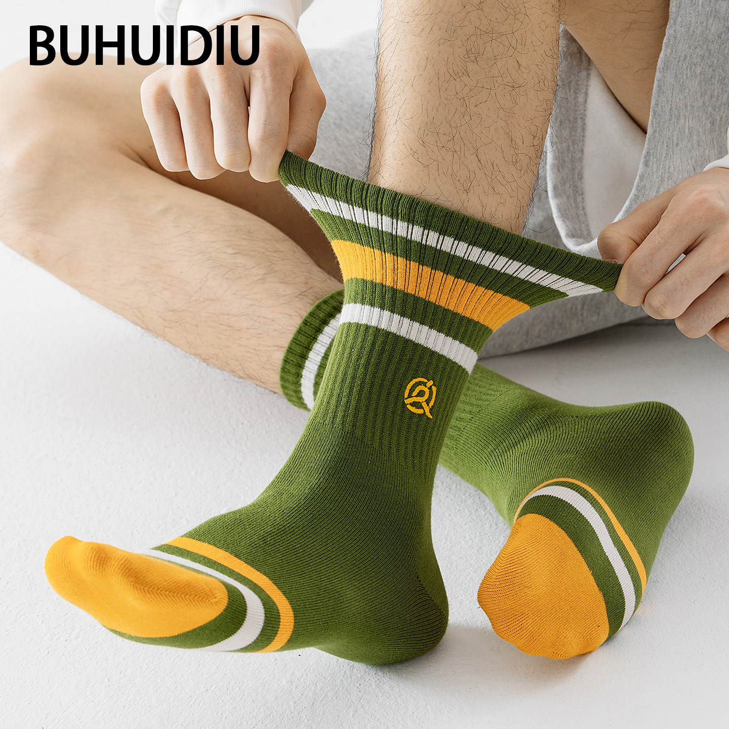 不会丢的袜子 无骨条纹袜子男刺绣字母潮袜运动风男士棉袜长筒袜