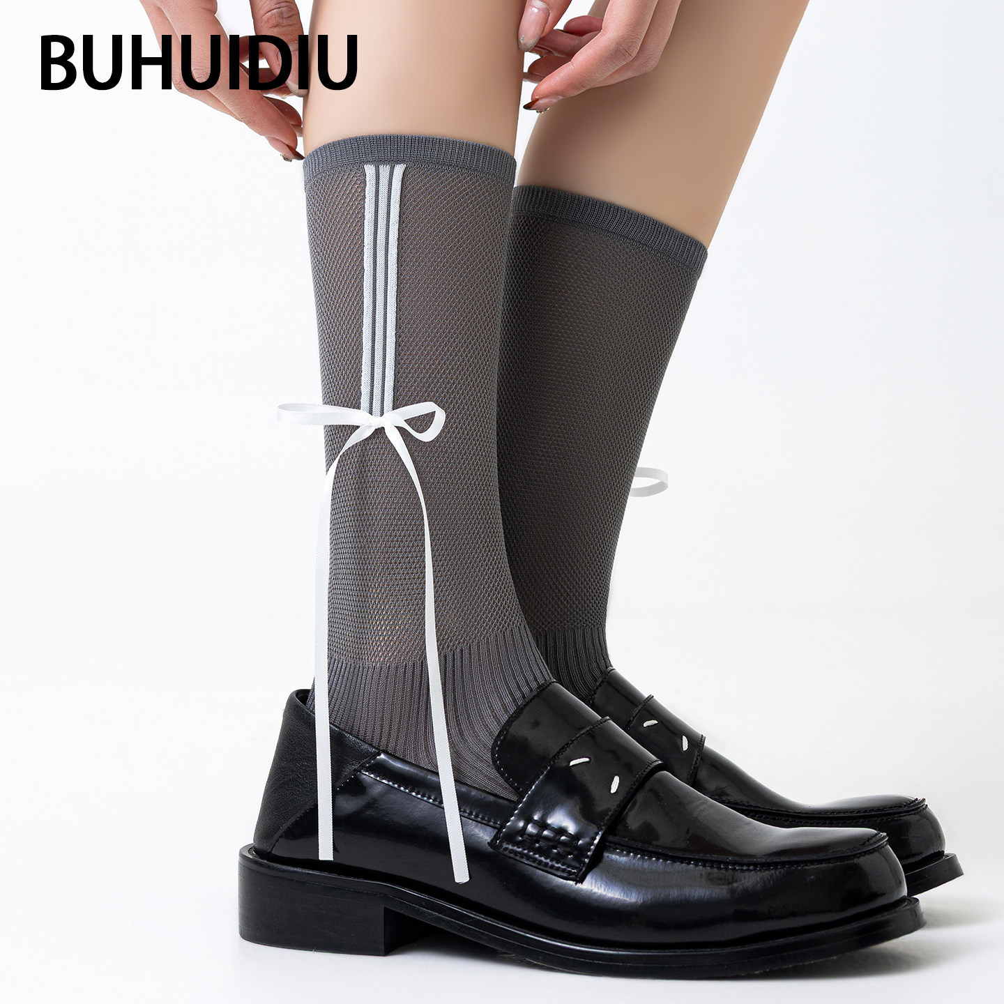 不会丢的袜子飘带蝴蝶结中筒袜女春夏季纯棉芭蕾风网眼无骨堆堆袜