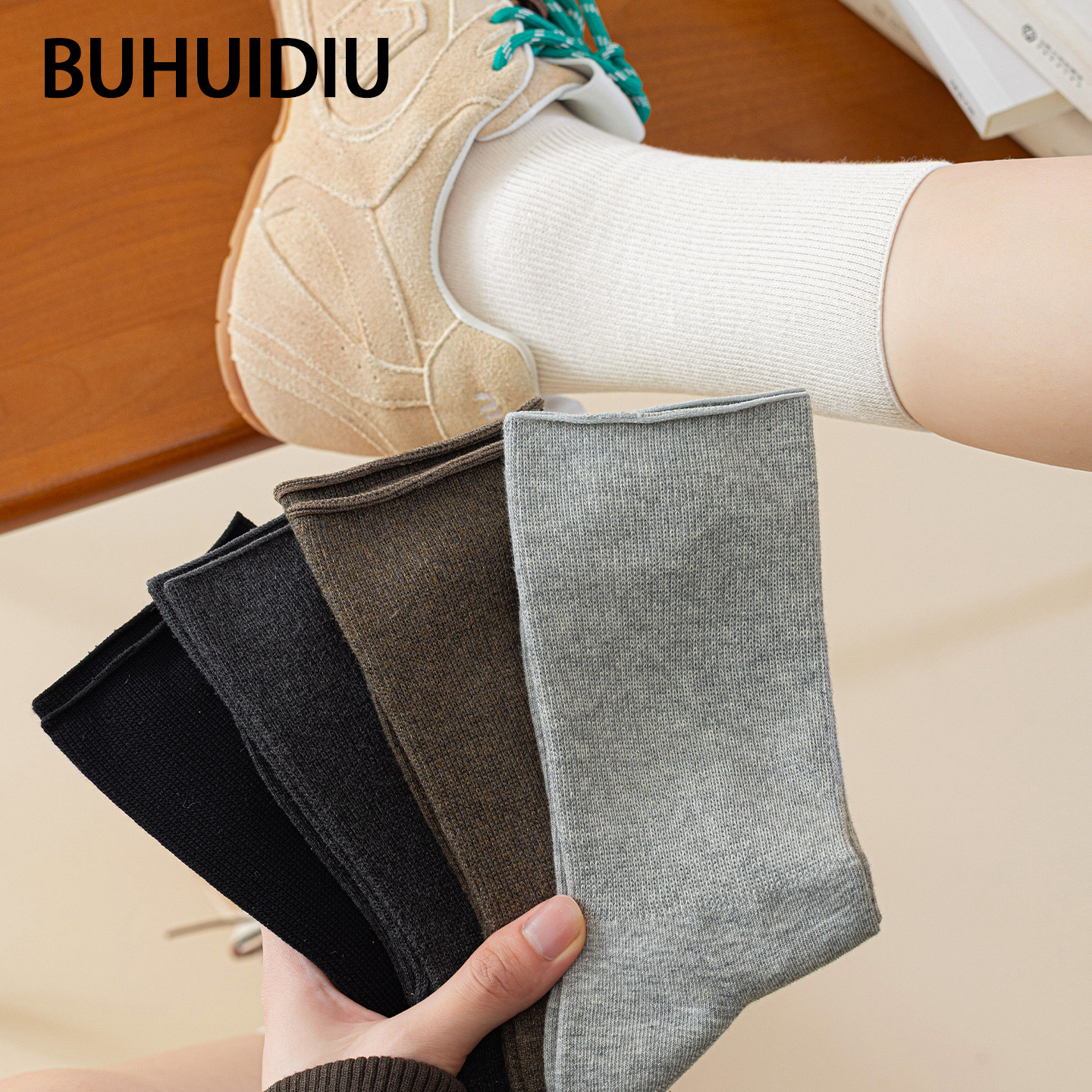 不会丢的袜子 灰色无骨中筒袜女款春秋松口月子袜复古显瘦堆堆袜