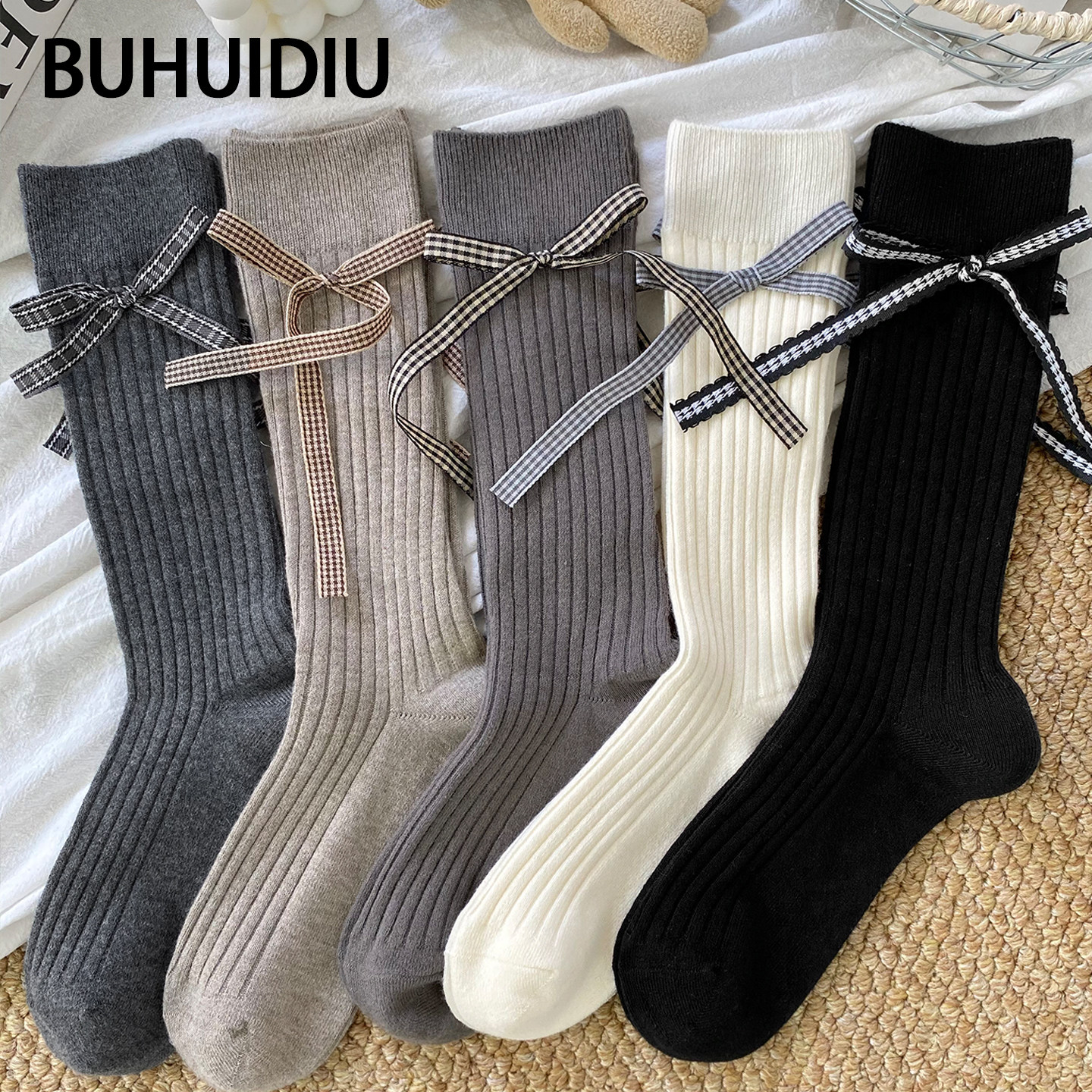 不会丢的袜子 蝴蝶结中筒袜女款春秋季ins潮百搭学院风长筒堆堆袜
