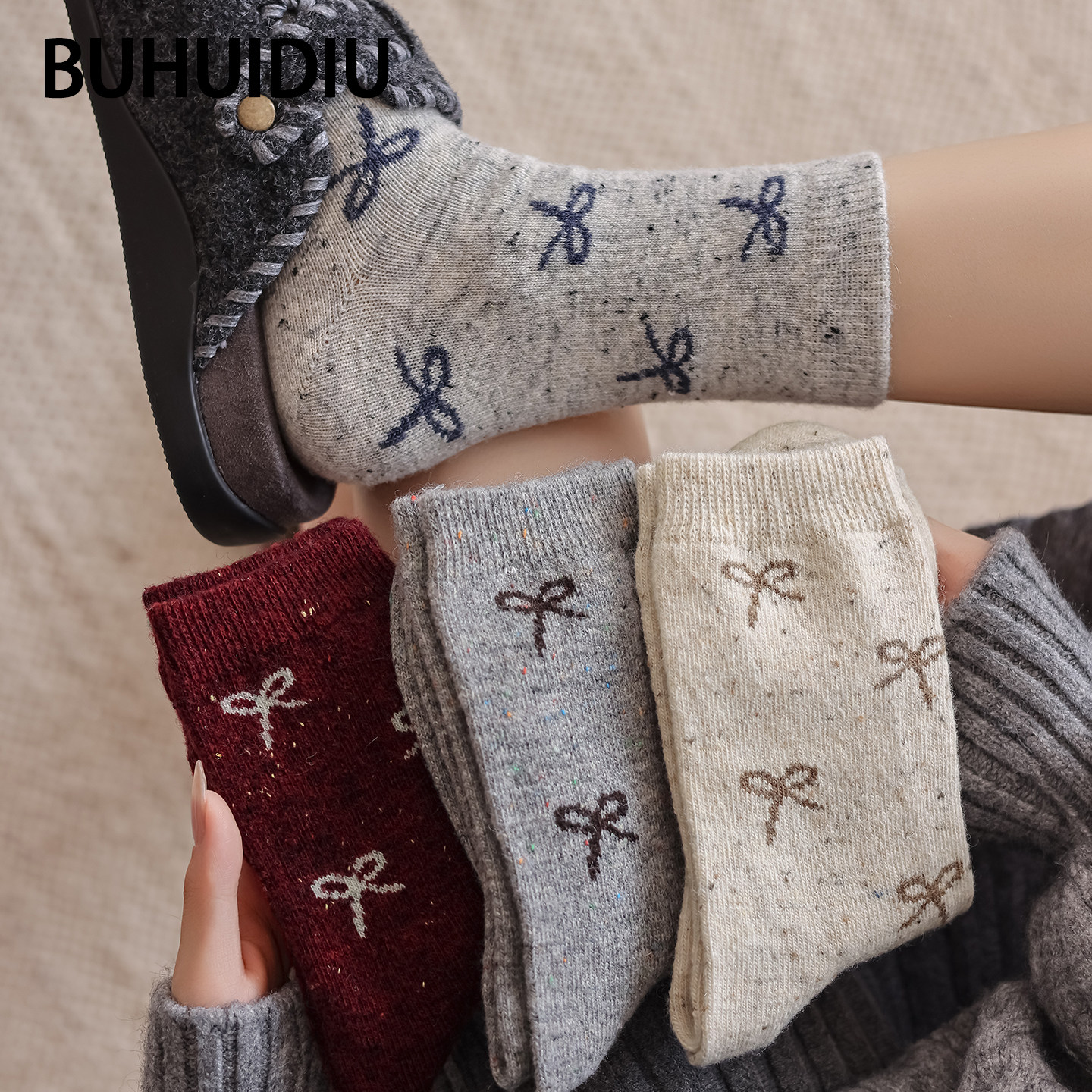 不会丢的袜子 蝴蝶结羊毛袜女款中筒冬季加厚保暖韩系长筒堆堆袜