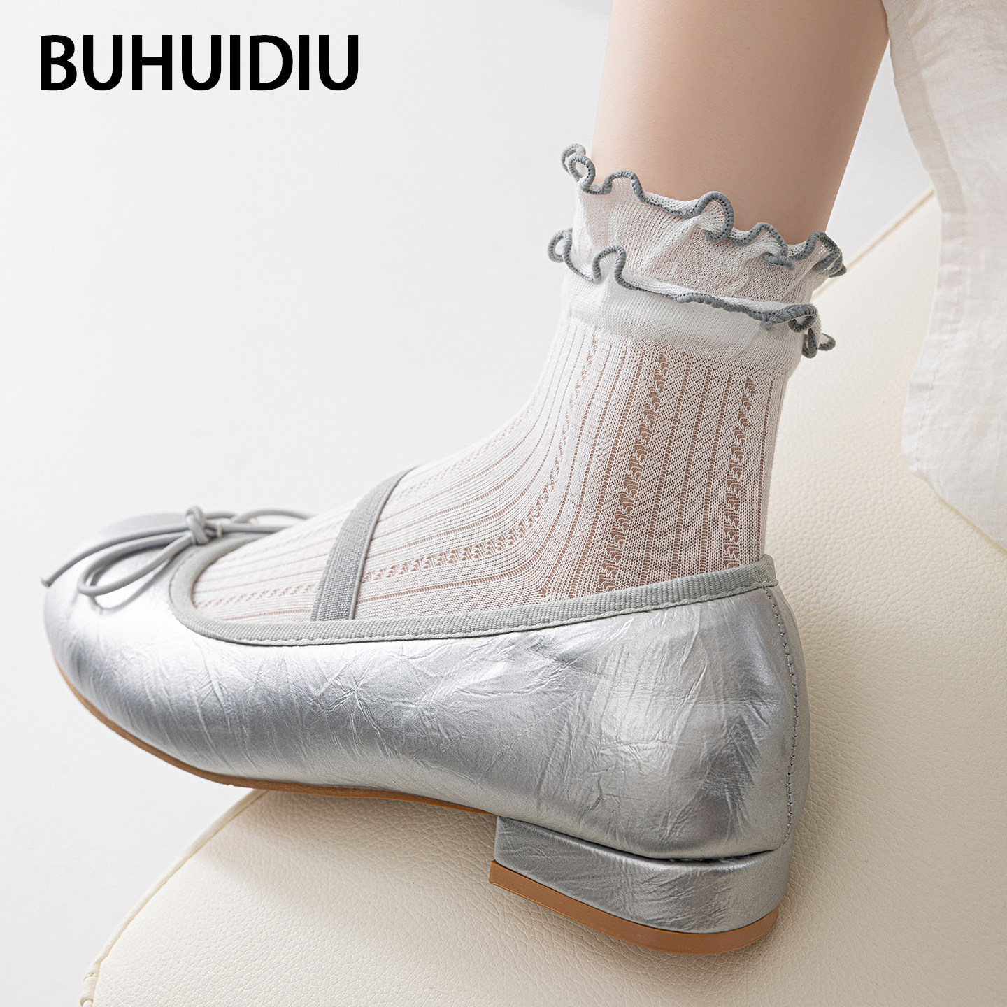 不会丢的袜子网眼透气短筒袜女纯棉木耳花边无骨短款中筒袜夏薄款