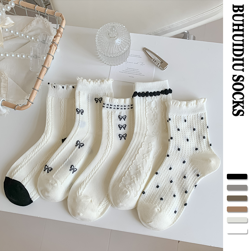 不会丢的袜子 蝴蝶结中筒袜女夏季白色洛丽塔配小皮鞋春秋花边袜