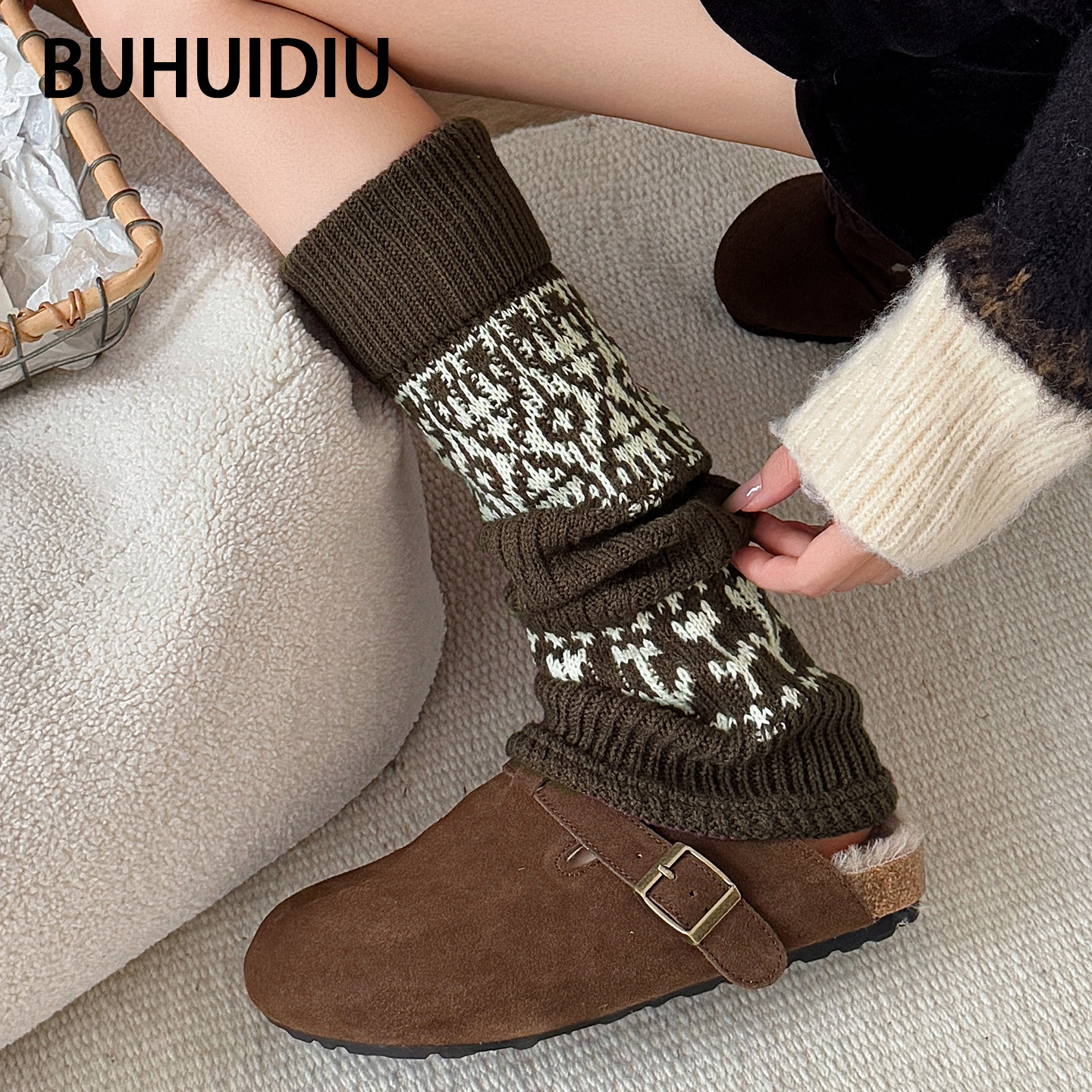 不会丢的袜子 复古费尔岛堆堆袜套女显瘦加厚小腿袜秋冬配打底裤