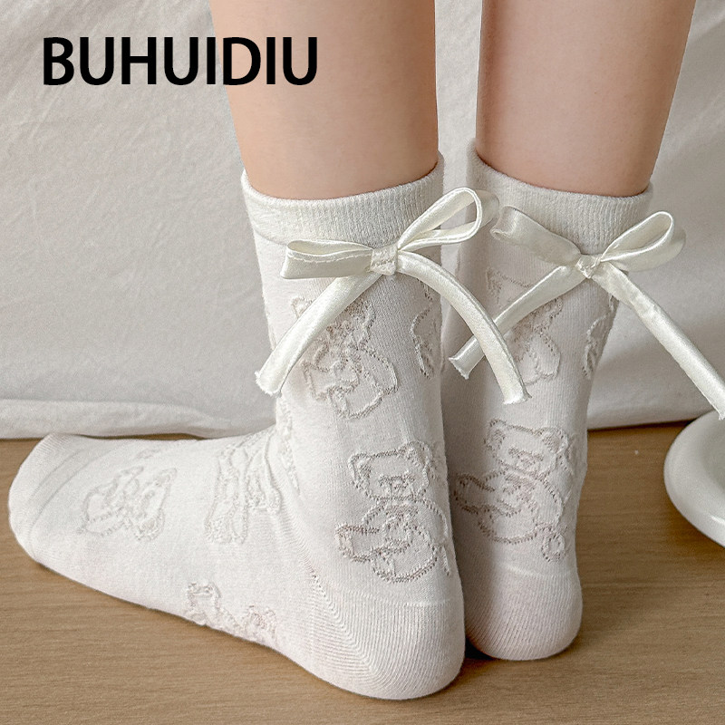 不会丢的袜子 后跟蝴蝶结中筒袜女纯棉春夏日系可爱小熊无骨长袜