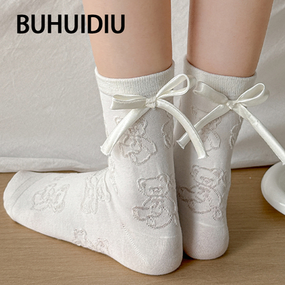 可爱小熊袜子女后跟蝴蝶结中筒袜
