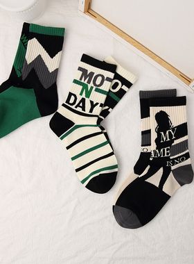 不会丢的袜子 设计感AB袜条纹字母情侣无骨长袜ins潮街头运动袜棉