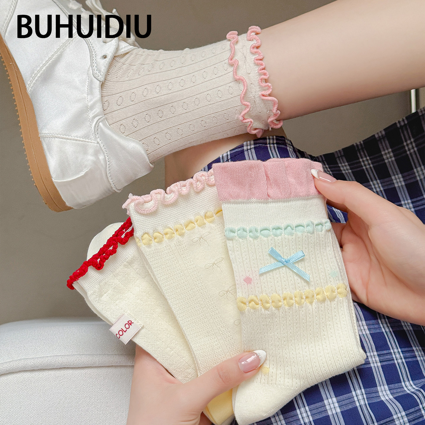 不会丢的袜子 花边蝴蝶结中筒袜女夏季薄款ins潮少女风网眼堆堆袜