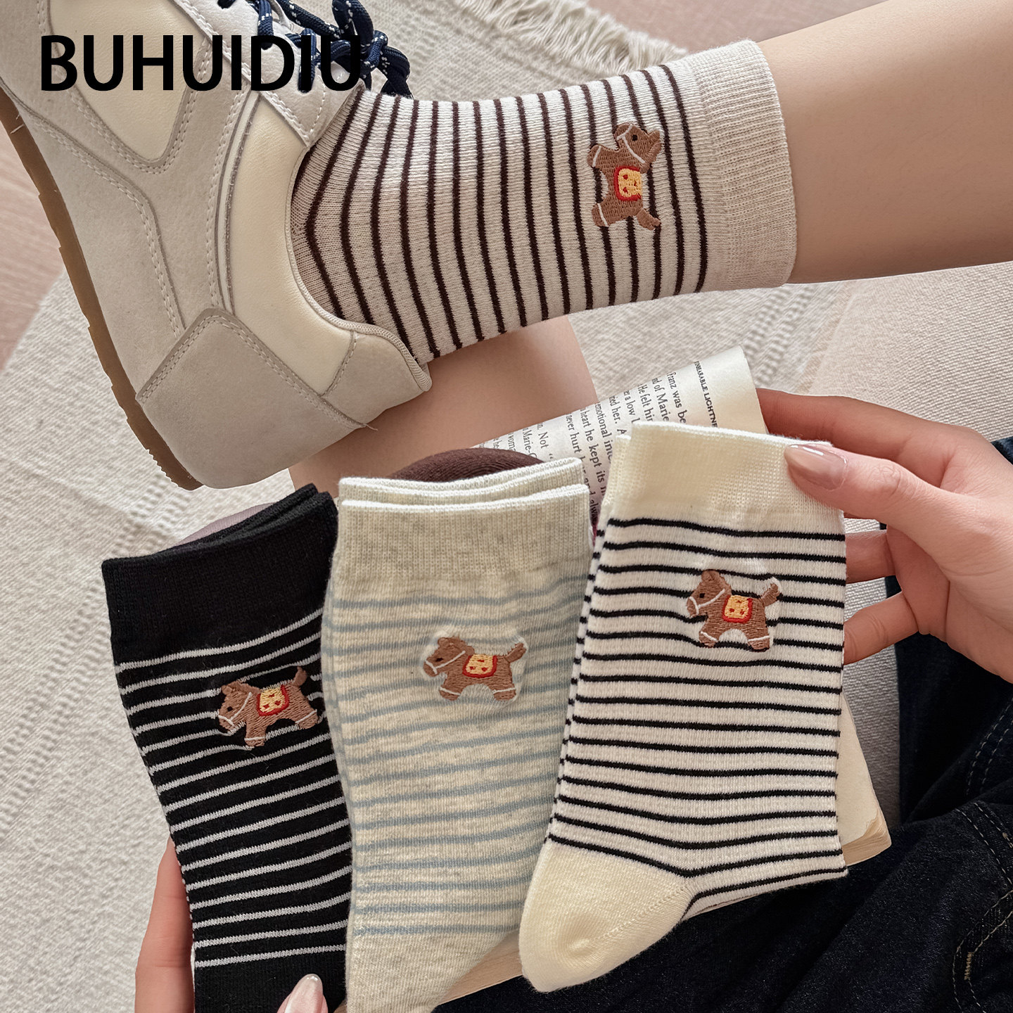 不会丢的袜子 刺绣小马中筒袜女纯棉春夏季ins潮日系卡通可爱长袜