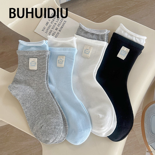 布标纽扣AB袜女中筒袜卡通无骨袜