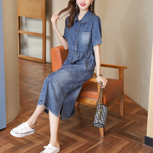 RM16574#大码欧洲站2022夏季新款胖mm复古宽松显瘦牛仔洗水连衣裙