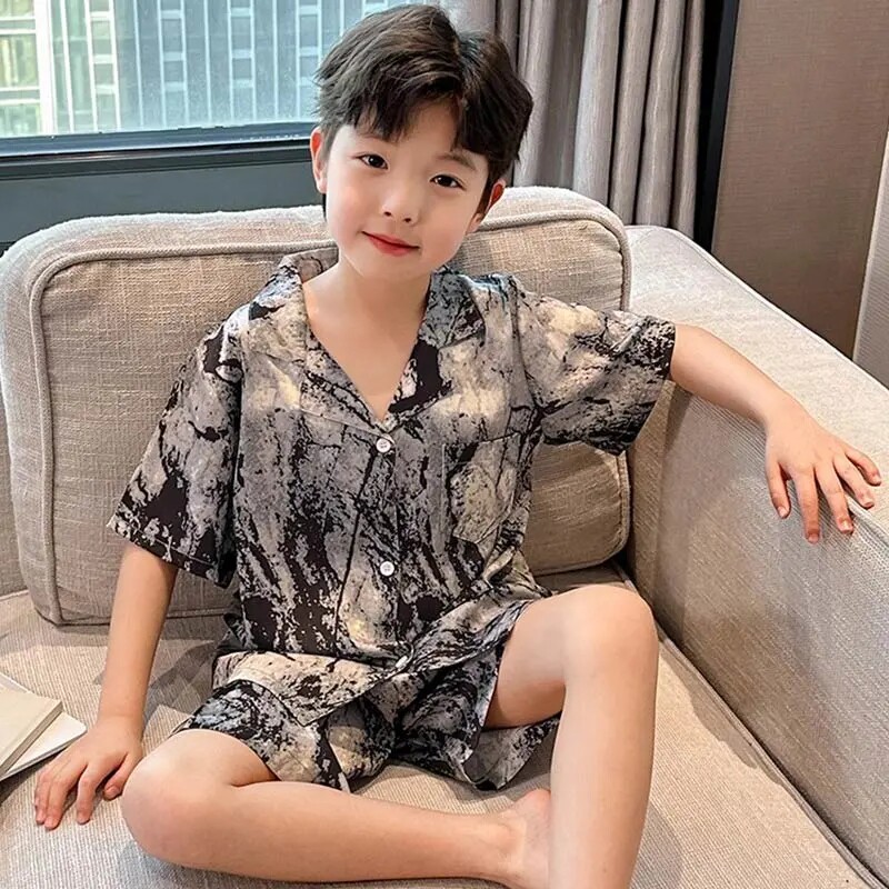 儿童睡衣夏季新款衬衫领冰丝短袖家居服套装
