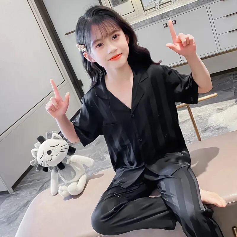 儿童睡衣新款夏季衬衫领短袖女童家居服套装