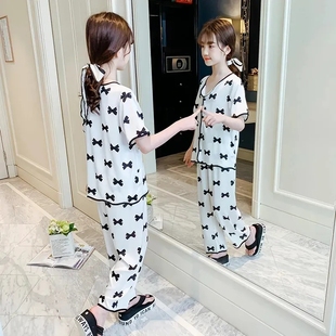 儿童新款短袖冰丝睡衣女童家居服宽松中大童空调服薄款居家服套装