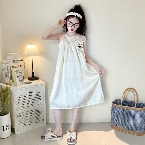 夏天中大童吊带女孩睡裙网红冰丝无袖女童睡裙宽松薄款睡衣空调服