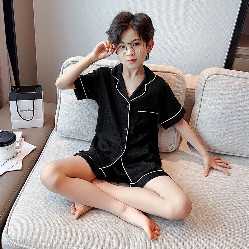 儿童夏季翻领冰丝睡衣男童家居服宽松短袖小男孩中大童空调服套装