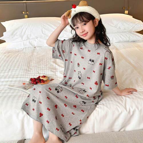 空调服短袖全棉中大童睡衣夏天女童小女孩睡裙纯棉宽松可爱女薄款