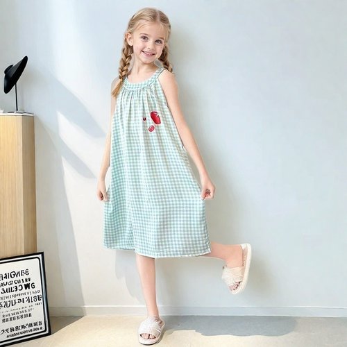 吊带冰丝女童睡裙夏季外穿儿童睡衣洋气背心女童睡裙中大童空调服