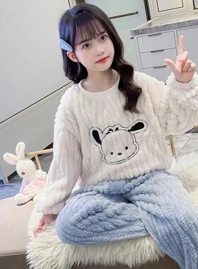 儿童睡衣冬季珊瑚绒女童睡衣套装宽松保暖刺绣法兰绒中大童家居服